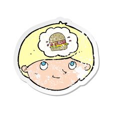 Retro Distressed Sticker Of A Cartoon Man Thinking About Junk Food Stock Image
