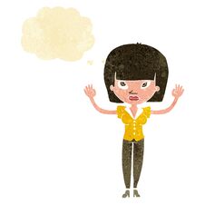 Cartoon Woman With Raised Hands With Thought Bubble Royalty Free Stock Photography