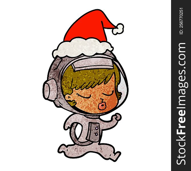 hand drawn textured cartoon of a pretty astronaut girl running wearing santa hat