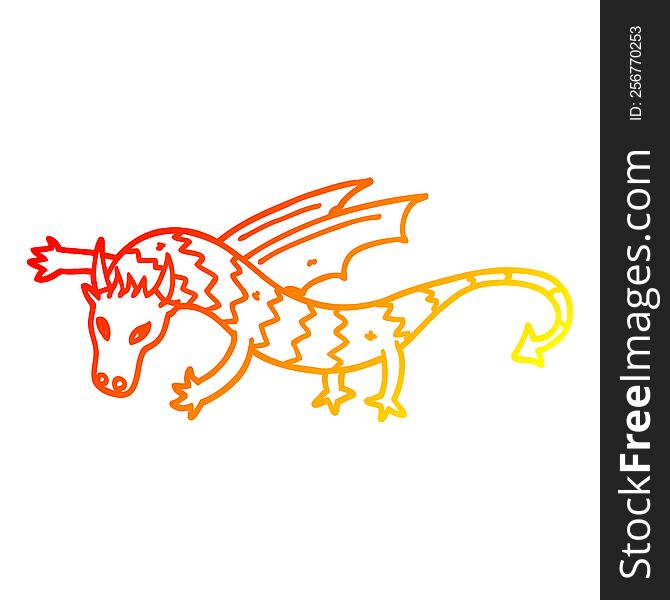 warm gradient line drawing of a cartoon flying dragon