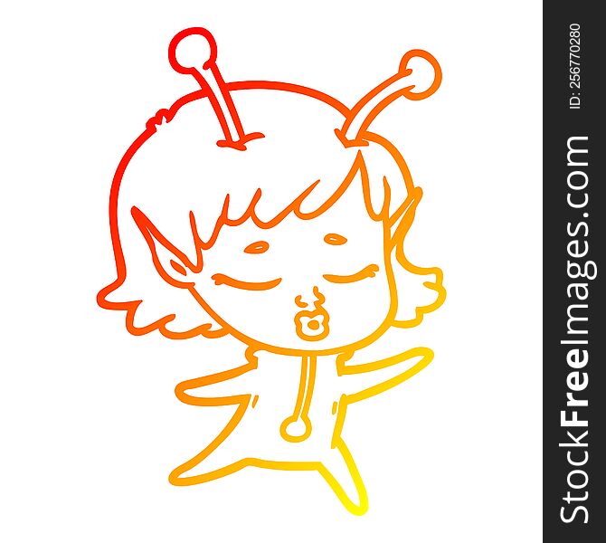 warm gradient line drawing of a cartoon alien girl
