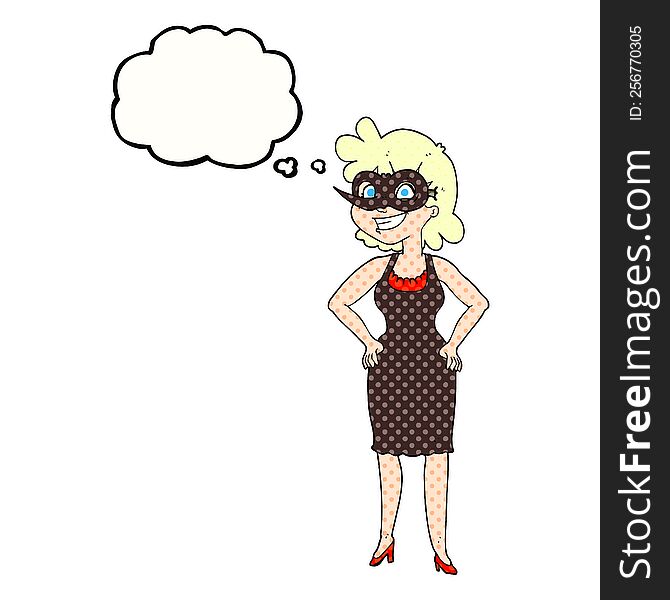 thought bubble cartoon woman wearing mask