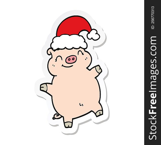 Sticker Of A Cartoon Happy Christmas Pig