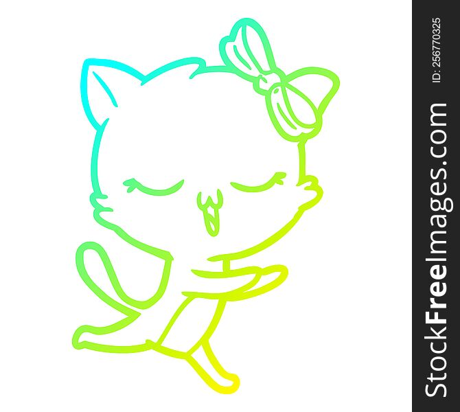 Cold Gradient Line Drawing Cartoon Cat With Bow On Head