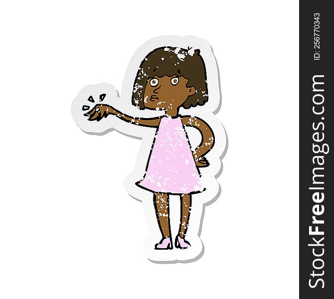 retro distressed sticker of a cartoon woman showing off engagement ring