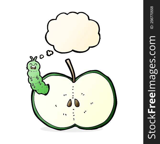 cartoon bug eating apple with thought bubble