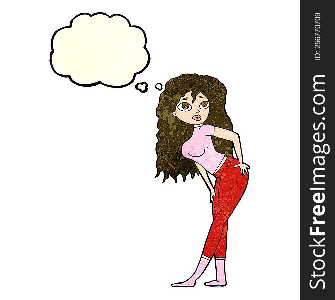 cartoon attractive woman looking surprised with thought bubble