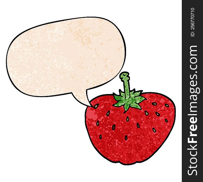 cartoon strawberry with speech bubble in retro texture style