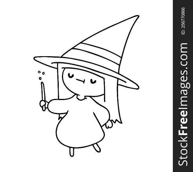line drawing illustration of a cute kawaii witch girl. line drawing illustration of a cute kawaii witch girl