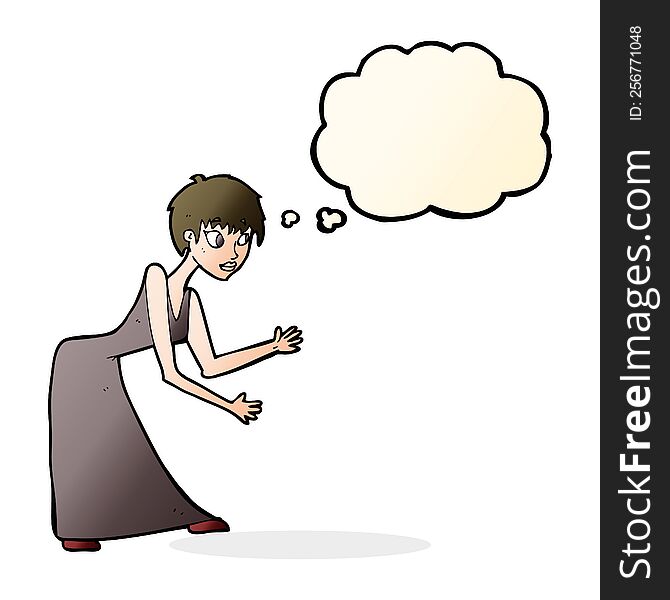 cartoon woman in dress gesturing with thought bubble