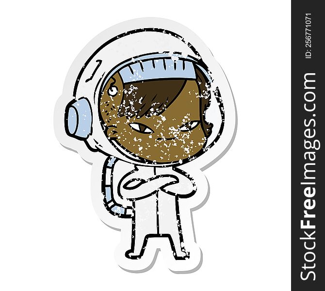 distressed sticker of a cartoon astronaut woman