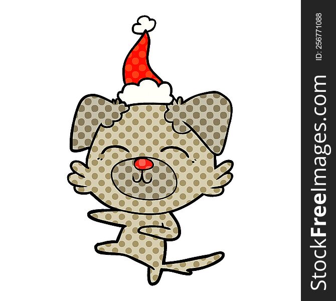 hand drawn comic book style illustration of a dog kicking wearing santa hat