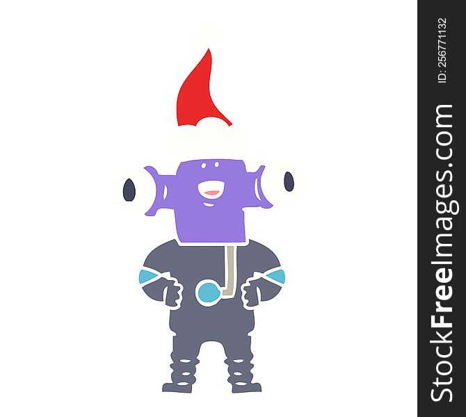Friendly Flat Color Illustration Of A Alien Wearing Santa Hat