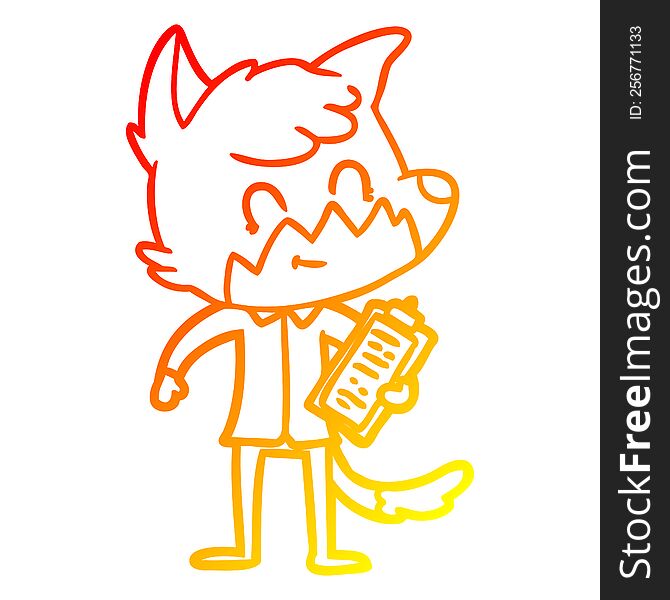 warm gradient line drawing of a cartoon happy fox salesman