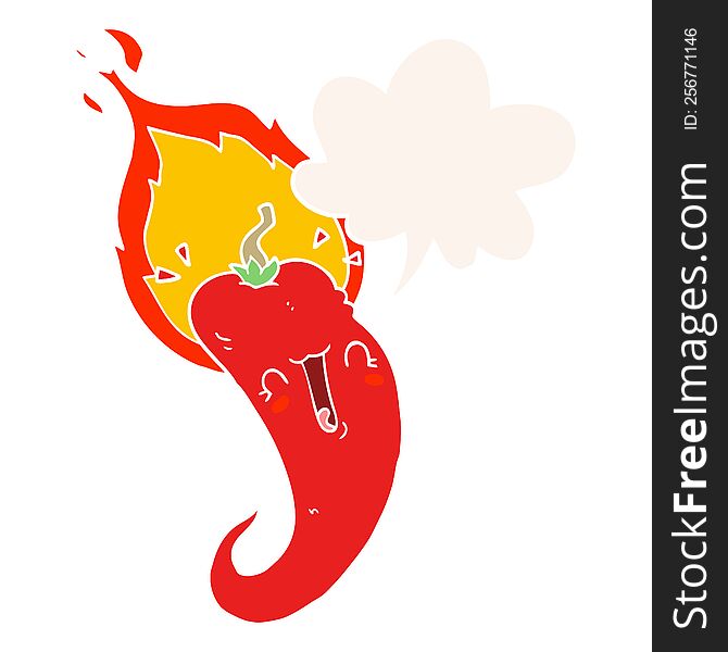 Cartoon Flaming Hot Chili Pepper And Speech Bubble In Retro Style