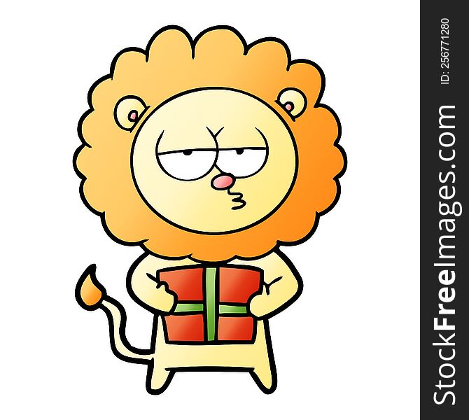 cartoon bored lion with present. cartoon bored lion with present