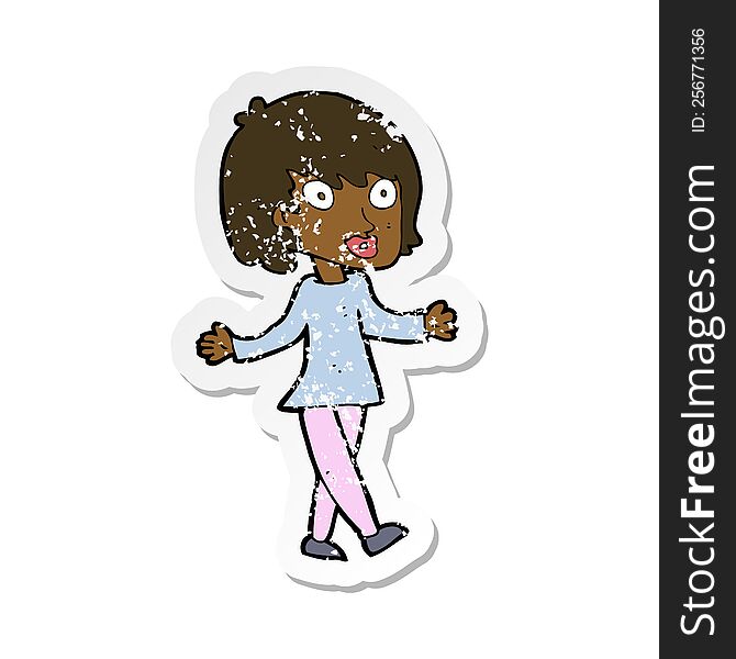 retro distressed sticker of a cartoon woman with open arms