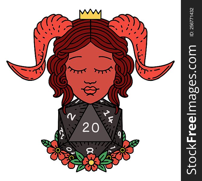 Tiefling With Natural Twenty D20 Dice Roll Illustration