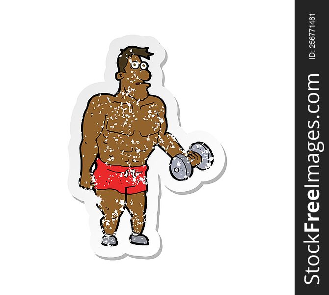 retro distressed sticker of a cartoon man lifting weights