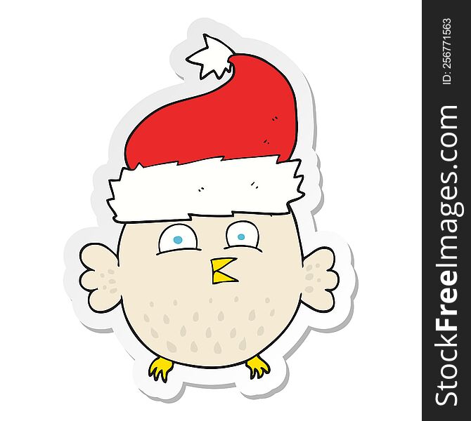 Sticker Of A Cartoon Owl Wearing Christmas Hat