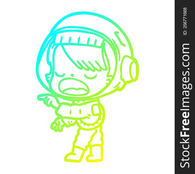 cold gradient line drawing of a cartoon astronaut woman pointing and talking