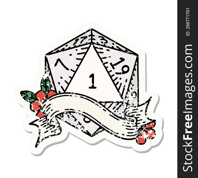 Natural One D20 Dice Roll Grunge Sticker