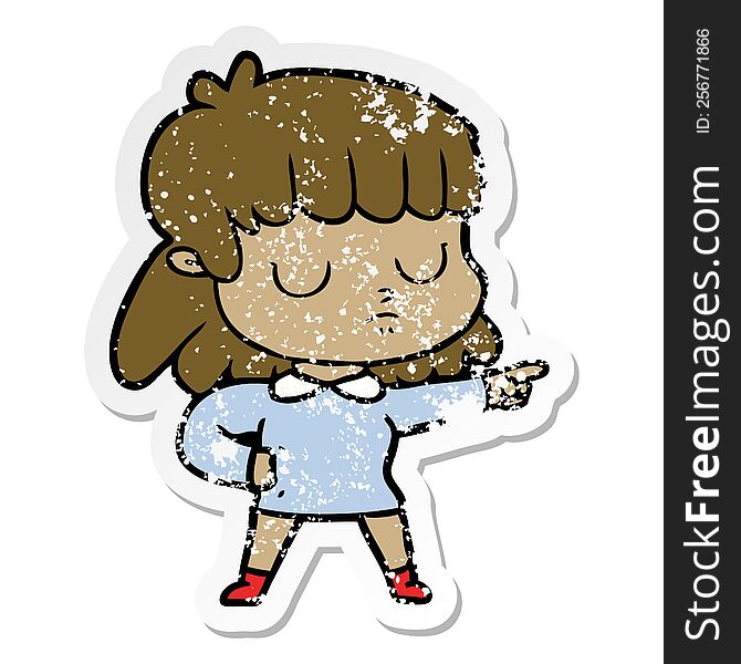 distressed sticker of a cartoon indifferent woman accusing