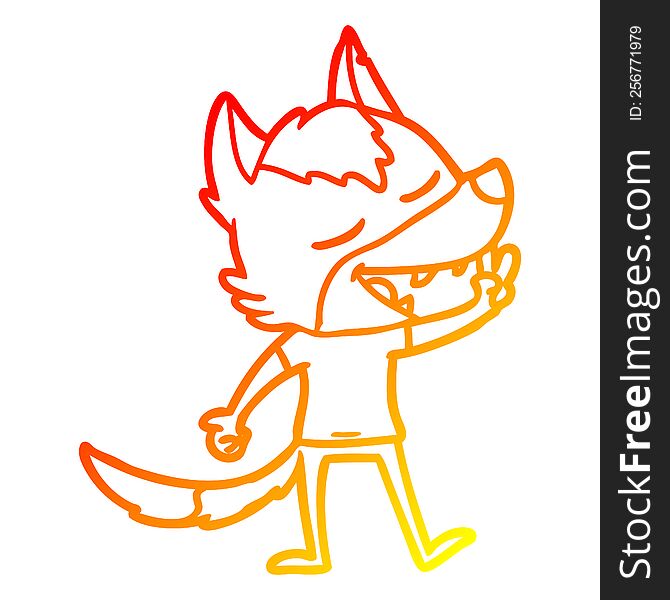 Warm Gradient Line Drawing Cartoon Wolf Giving Peace Sign
