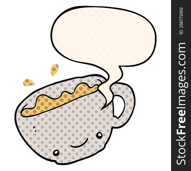 cartoon cup of coffee with speech bubble in comic book style