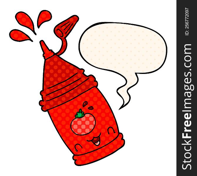 cartoon ketchup bottle with speech bubble in comic book style