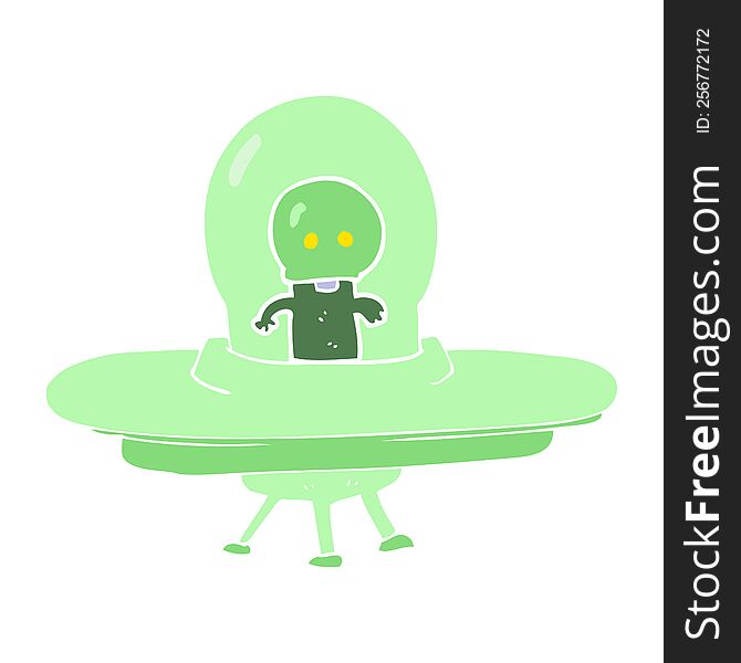 Flat Color Illustration Of A Cartoon Alien In Flying Saucer