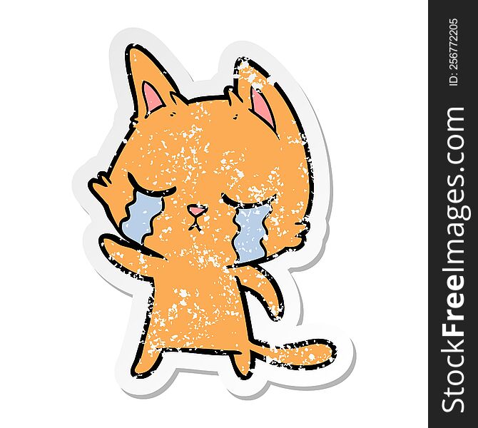 Distressed Sticker Of A Crying Cartoon Cat Pointing