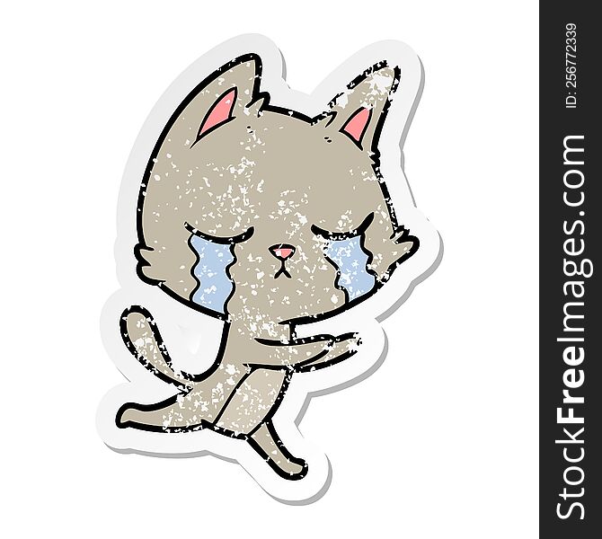 Distressed Sticker Of A Crying Cartoon Cat Running