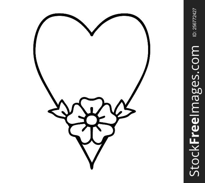 Black Line Tattoo Of A Heart And Flower