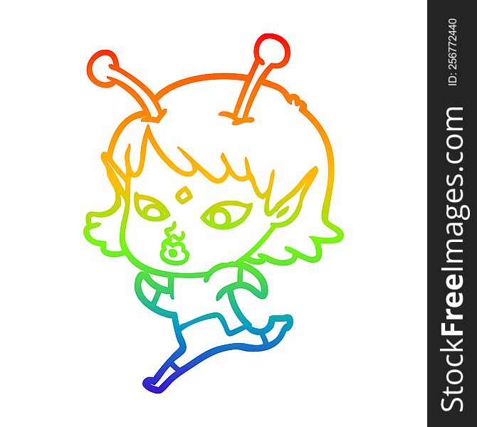 Rainbow Gradient Line Drawing Pretty Cartoon Alien Girl Running