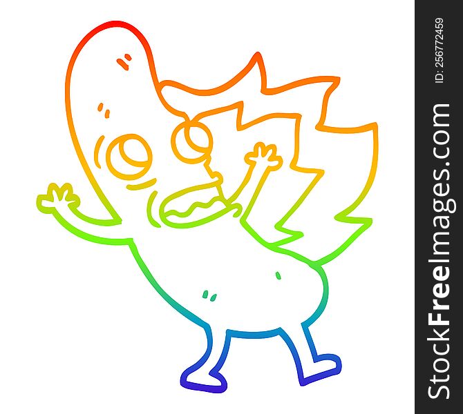 rainbow gradient line drawing of a cartoon flaming hotdog