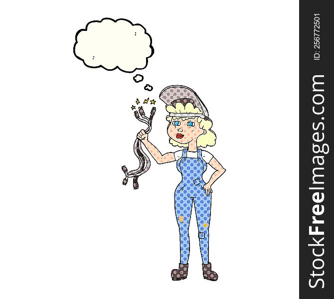 Thought Bubble Cartoon Electrician Woman