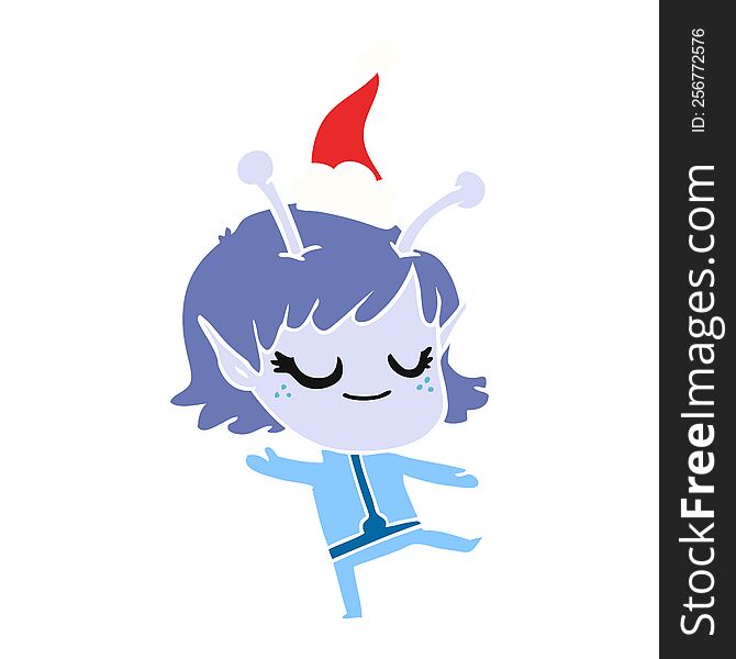 smiling alien girl hand drawn flat color illustration of a wearing santa hat