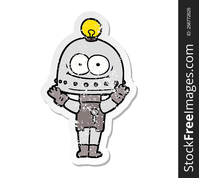 distressed sticker of a happy carton robot with light bulb