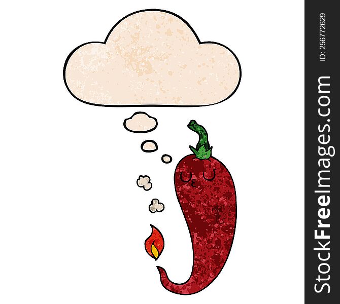 Cartoon Hot Chili Pepper And Thought Bubble In Grunge Texture Pattern Style