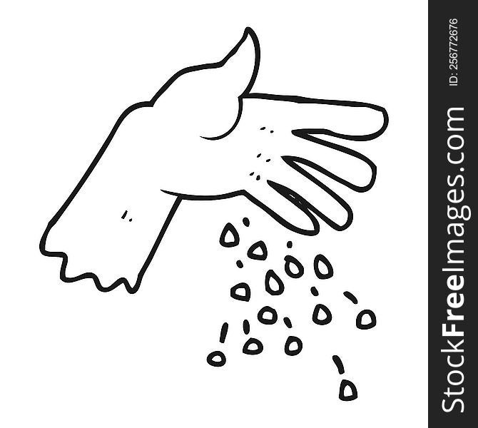 freehand drawn black and white cartoon hand spreading seeds