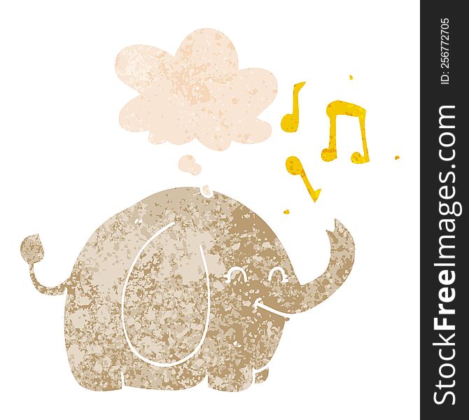 Cartoon Trumpeting Elephant And Thought Bubble In Retro Textured Style