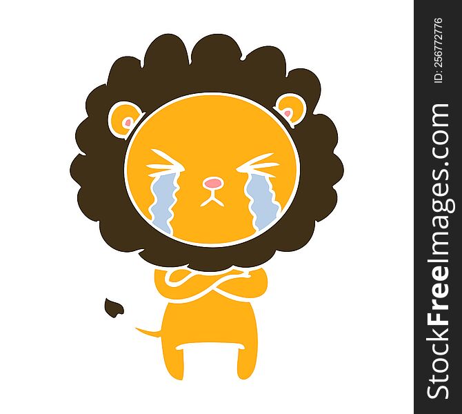 flat color style cartoon crying lion with crossed arms