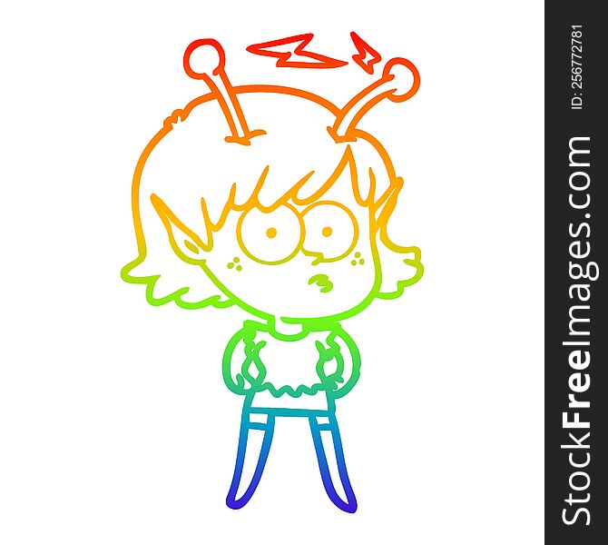 rainbow gradient line drawing of a cartoon alien girl