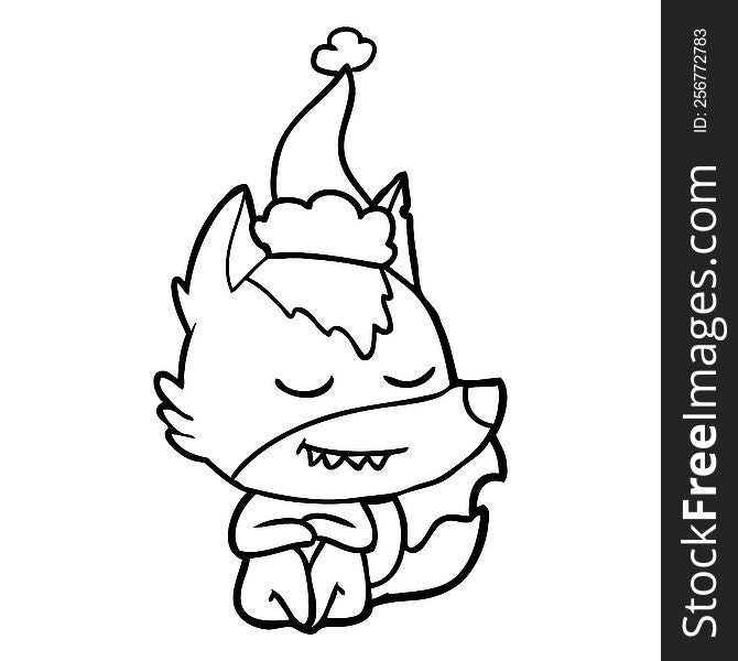 Friendly Line Drawing Of A Wolf Sitting Wearing Santa Hat
