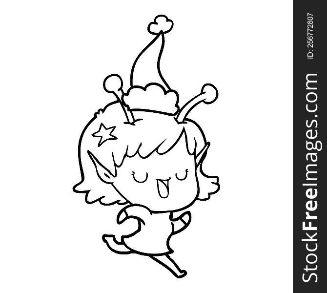 happy alien girl hand drawn line drawing of a wearing santa hat. happy alien girl hand drawn line drawing of a wearing santa hat