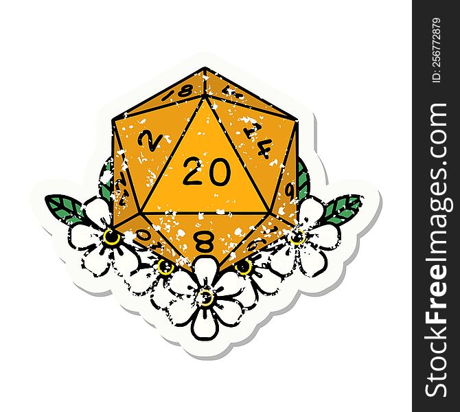 Natural 20 D20 Dice Roll With Floral Elements Grunge Sticker