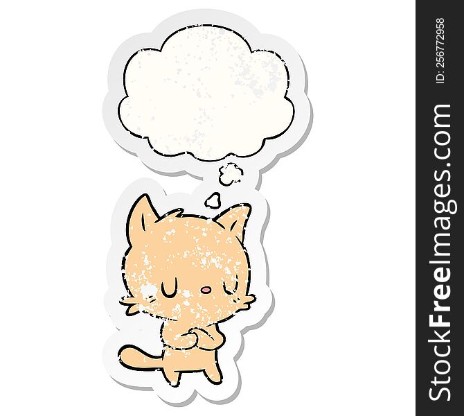 Cartoon Cat And Thought Bubble As A Distressed Worn Sticker