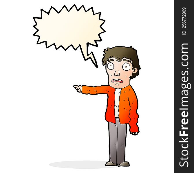 Cartoon Terrified Man Pointing With Speech Bubble