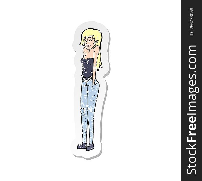 Retro Distressed Sticker Of A Cartoon Pretty Woman Shrugging Shoulders